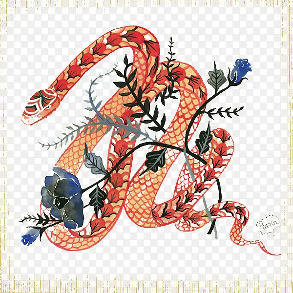 手绘水彩花朵蛇纹