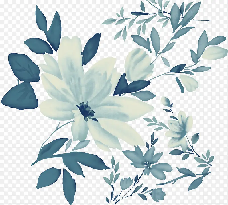 手绘蓝色水彩纹理花朵