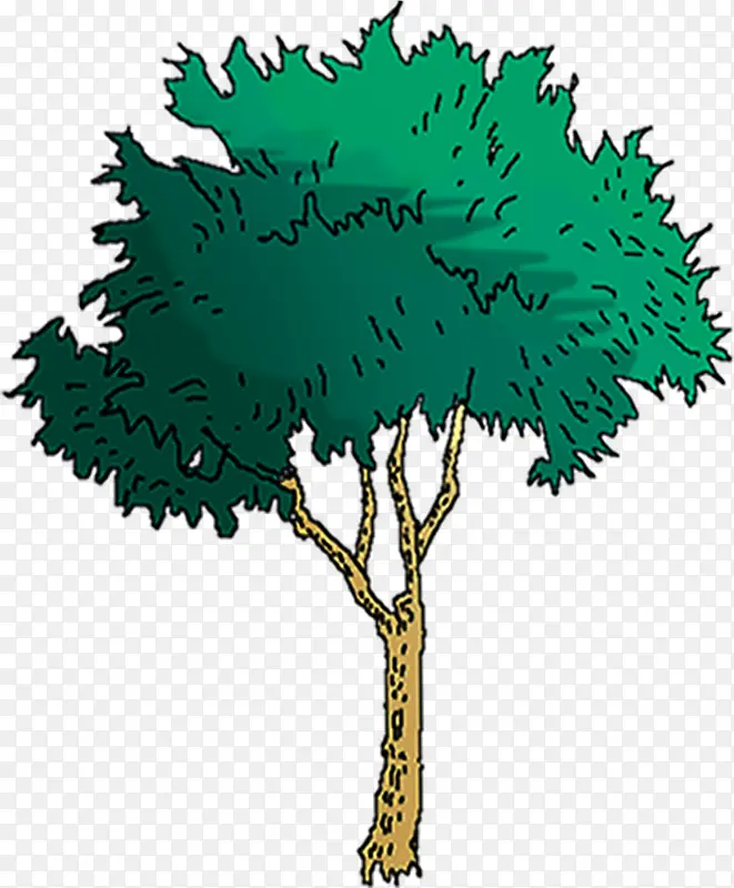 创意手绘扁平绿色的大树漫画