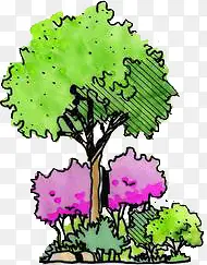 手绘绿色大树紫色小花