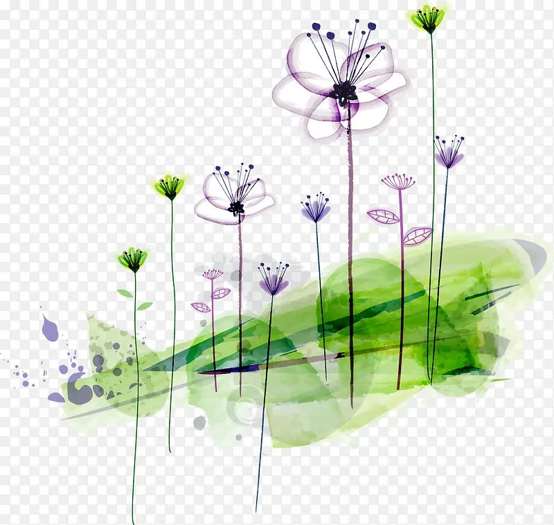 手绘绿草花朵图案