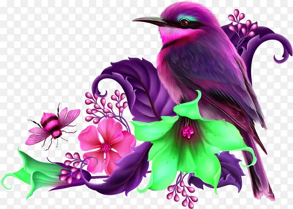 手绘花朵上的紫色麻雀