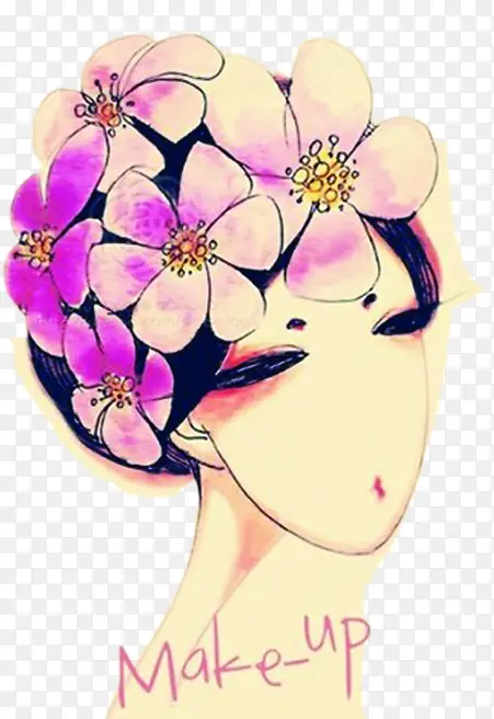 紫色花朵装饰少女手绘