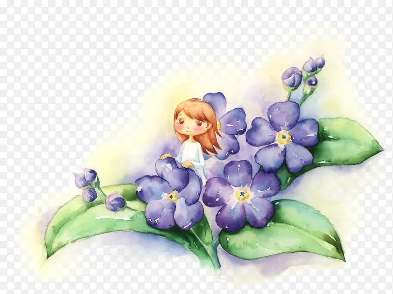手绘紫色花朵女孩植物