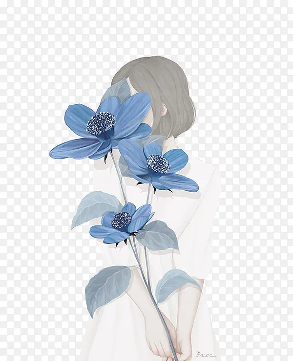 蓝色花朵人物害羞