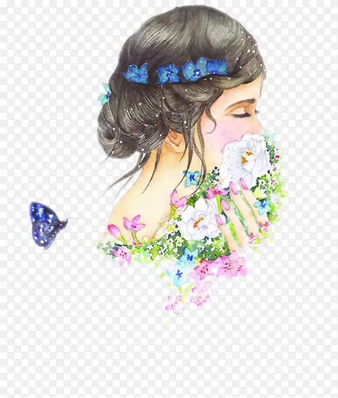 手绘美丽花朵蝴蝶新娘