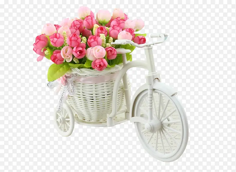 白色单车载粉玫瑰
