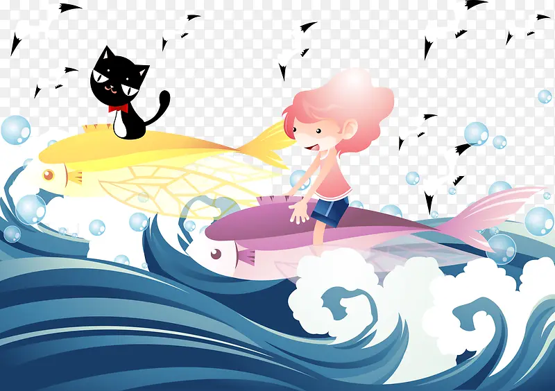 矢量海浪女孩与小猫
