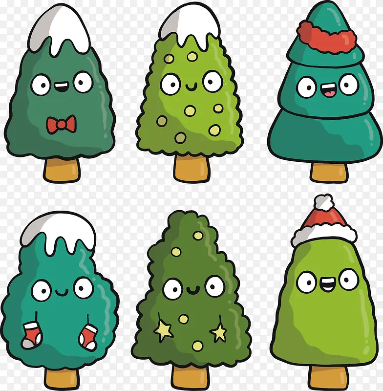 矢量手绘6个卡通圣诞树