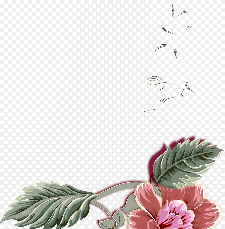 手绘树叶粉色花朵