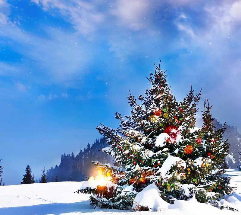 蓝色清新雪地圣诞节海报