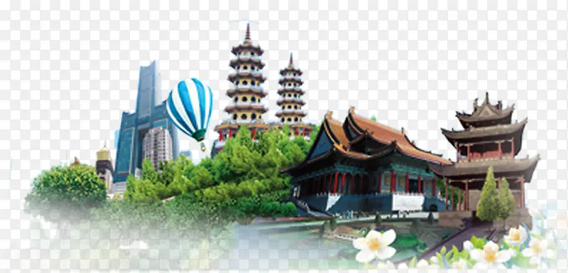 中国风建筑飞檐高塔绿树旅游装饰