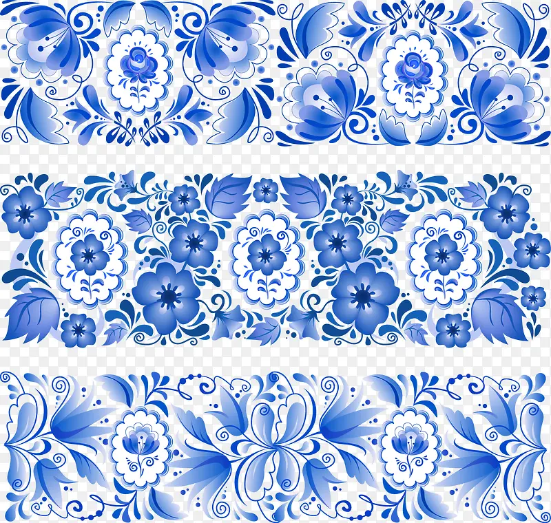 三种矢量中国风蓝色花纹纹样