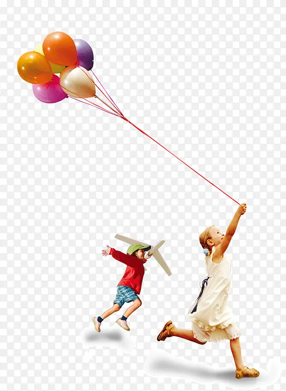 卡通小女孩放飞气球飞机
