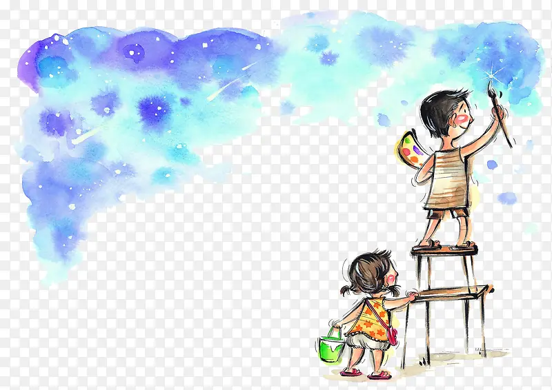 男孩女孩正在画蓝色星空