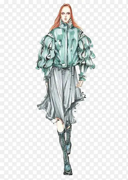 手绘创意灰蓝色服装插画设计