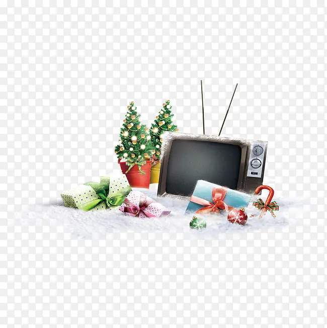 雪中的电视机和礼盒