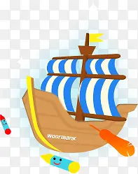 卡通蓝色条纹帆船素材