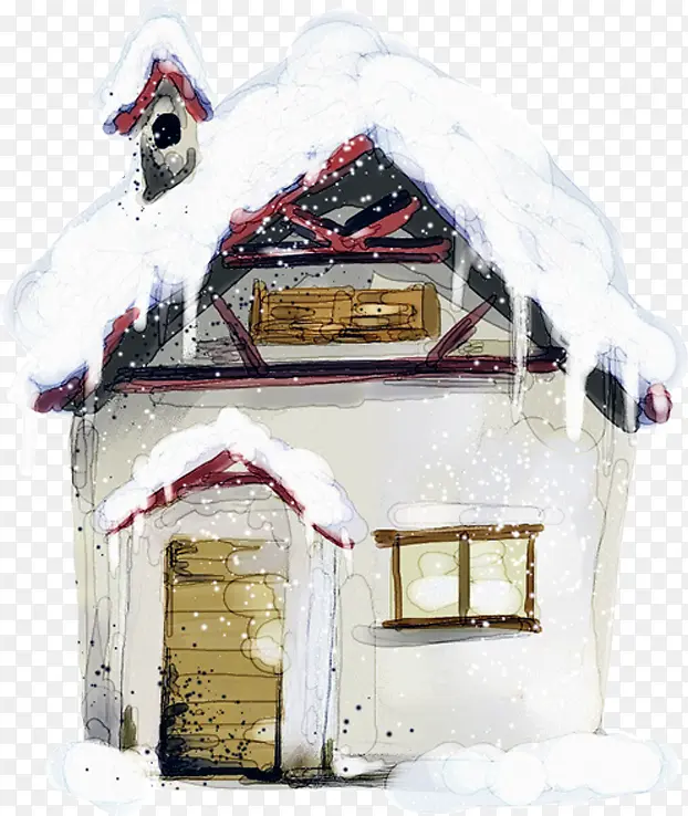 手绘冬季雪景房子