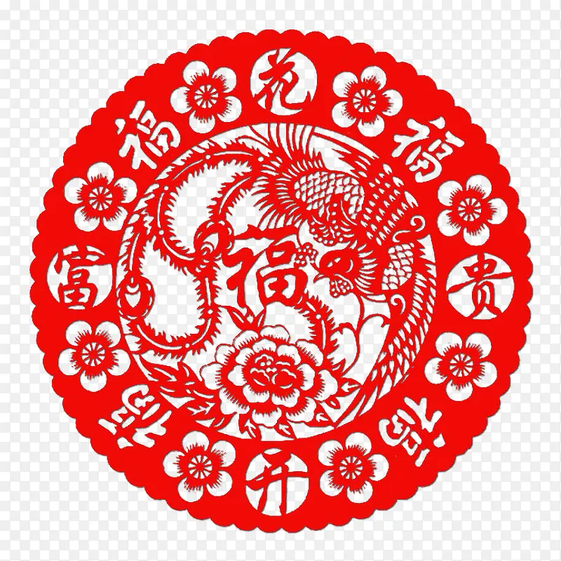 中国风红色花纹剪纸装饰