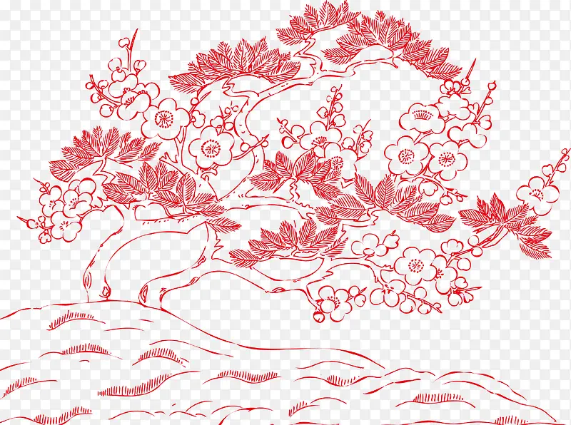 红色中式手绘树木
