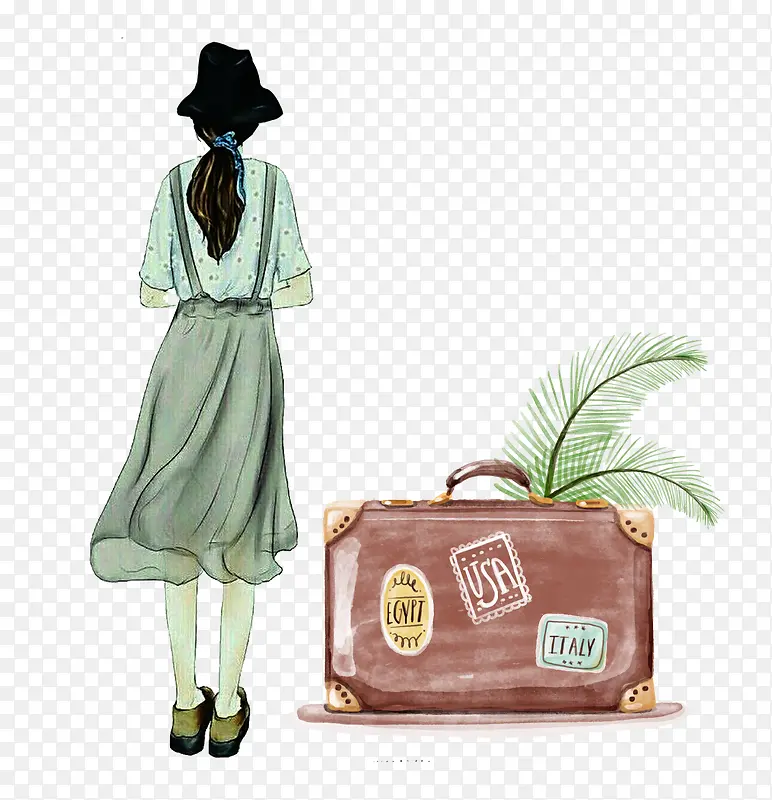 水彩女孩背影行李旅行插图矢量图