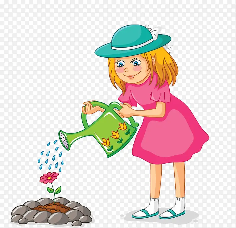 卡通小女孩浇花