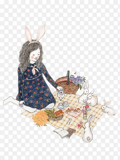 女孩与兔子的野餐