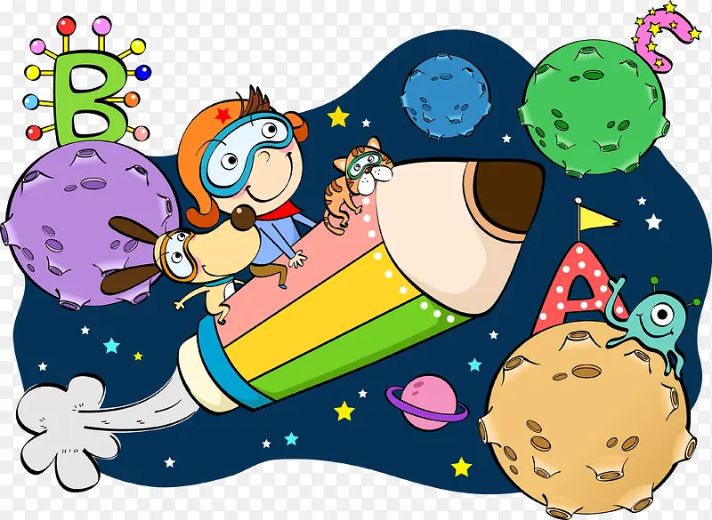 卡通儿童人物坐火箭