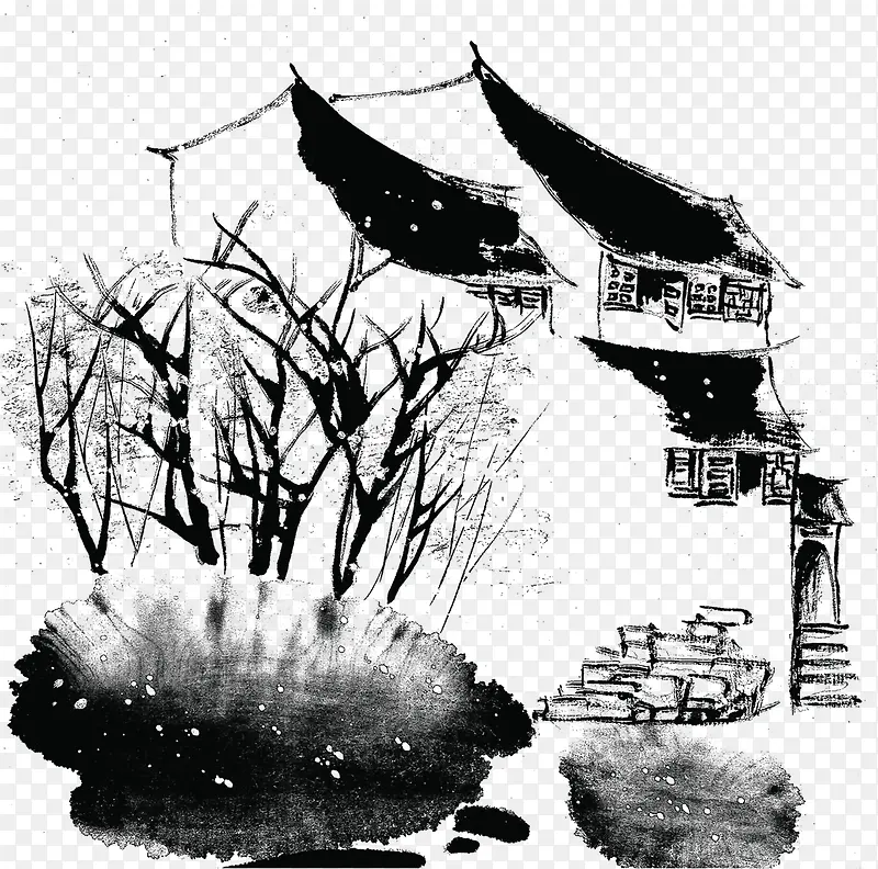 中国风黑色水墨房屋PNG图片素材下载_图片编号10682597-PNG素材网