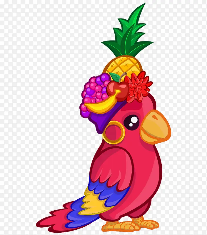 卡通手绘可爱彩色戴水果帽鹦鹉