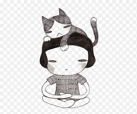 女孩头上顶着一只猫