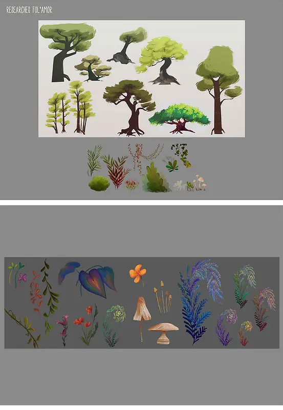 手绘各种绿色植物