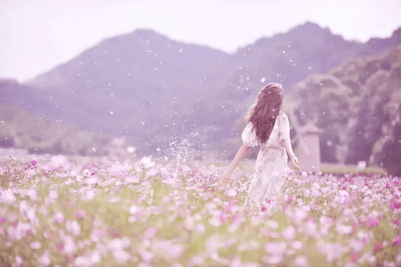 女孩花海山峰背景