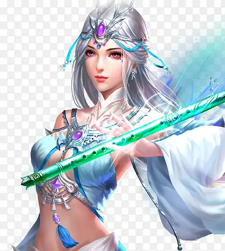 拿萧的白发女人古风手绘游戏