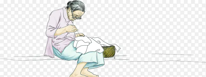 手绘缝补老人母亲人物