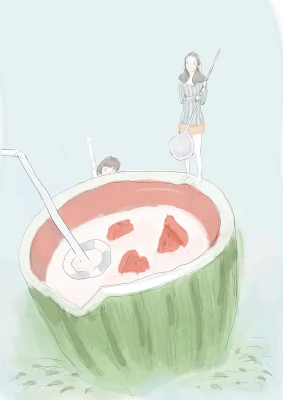 手绘夏天西瓜女孩插画