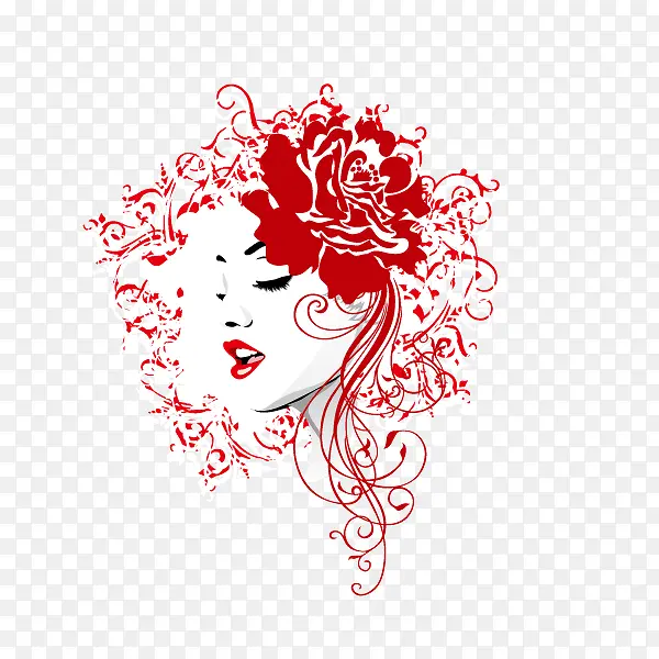 红色线条花纹美女