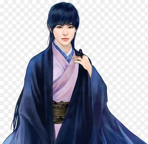 蓝色长发少年古风手绘