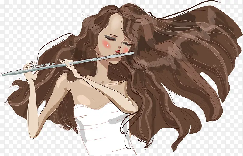 矢量手绘吹笛子的女孩