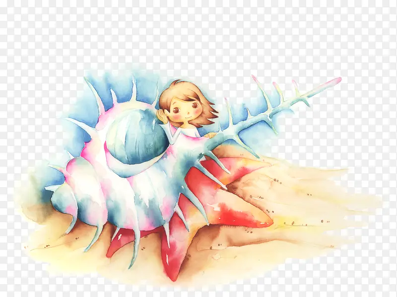手绘海螺女孩卡片