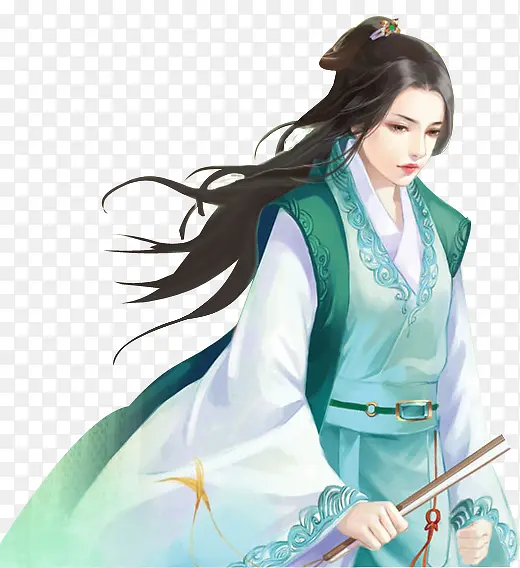 古扇绿衣忧郁女子
