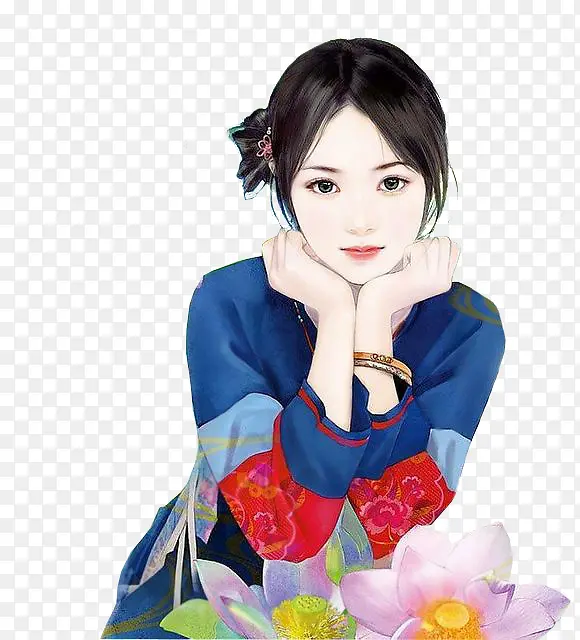 荷花蓝裙托腮女子