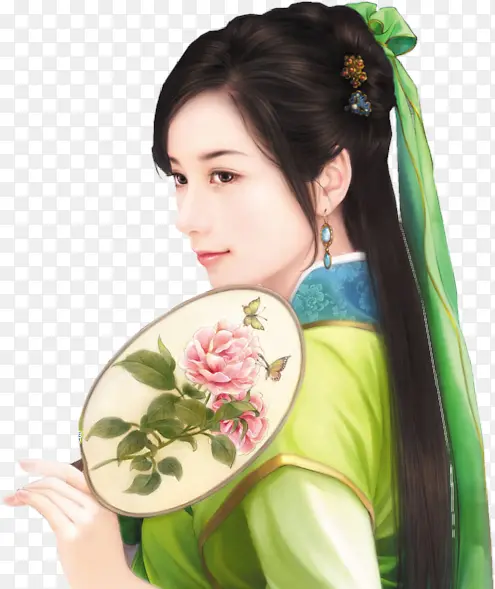 绿衣国色古风手绘女子