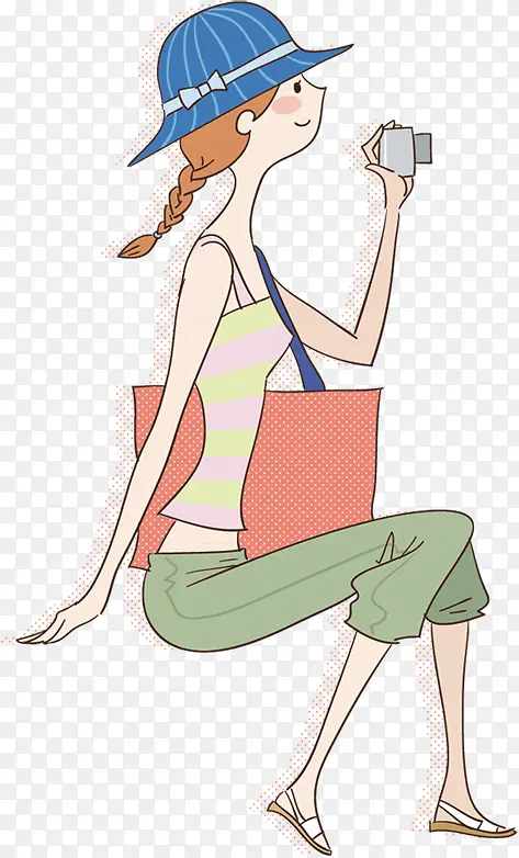 手绘可爱休闲旅行拍照女孩
