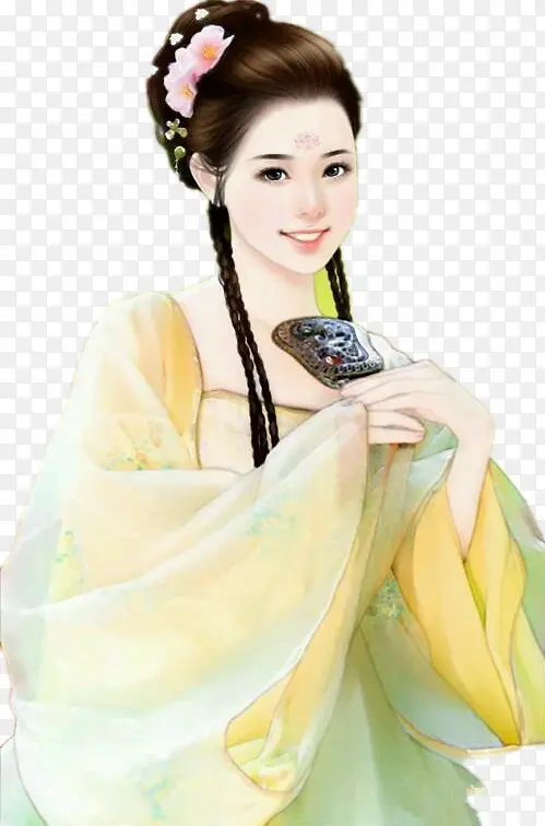 黄衣持镜美女古风手绘