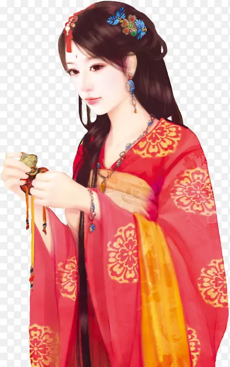 红衣清丽美女古风手绘