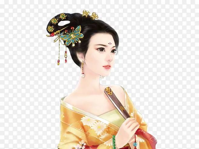 金色衣服宫装美女古风手绘