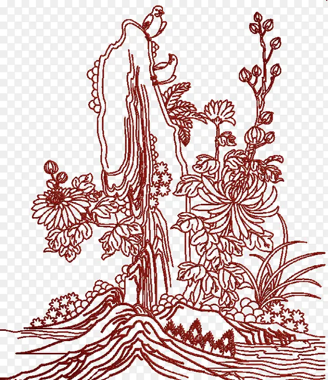 古风砖红花朵装饰