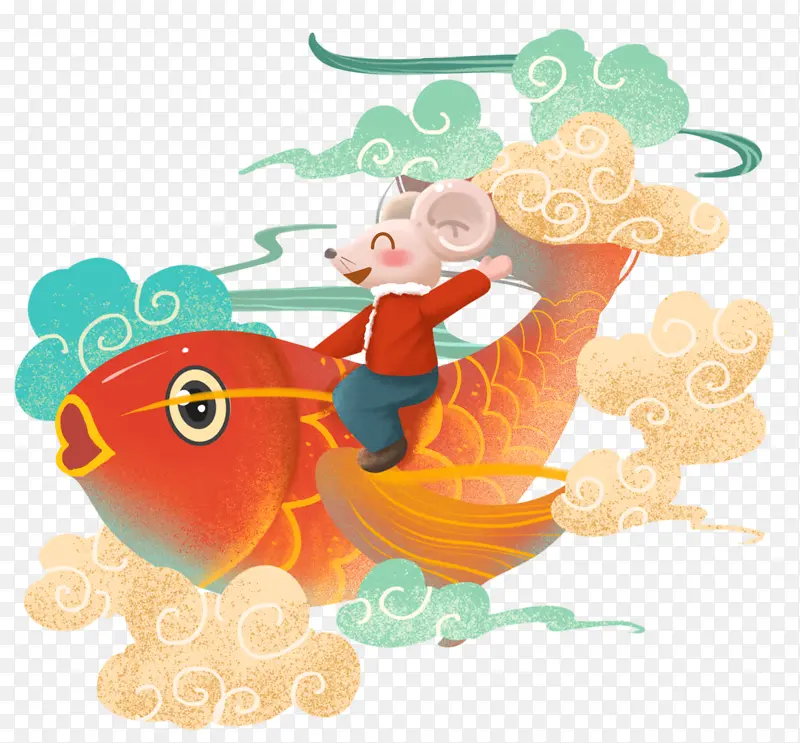 手绘 老鼠 金鱼 国潮 中国风 祥云